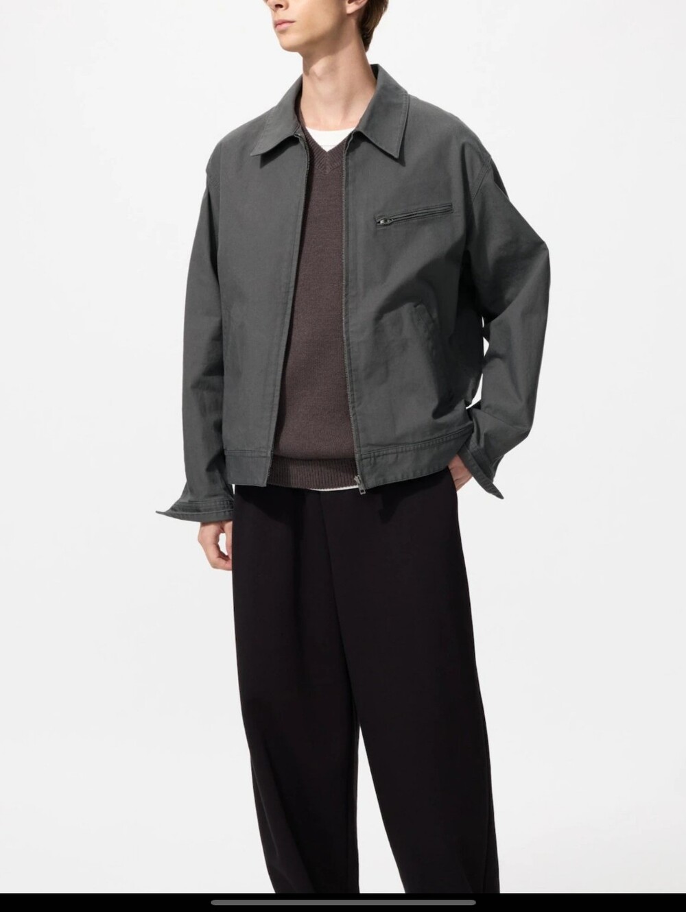 Uniqlo Blouson Mens Cotton Canvas Harrington Full Zip Utility Jacket Gray Medium